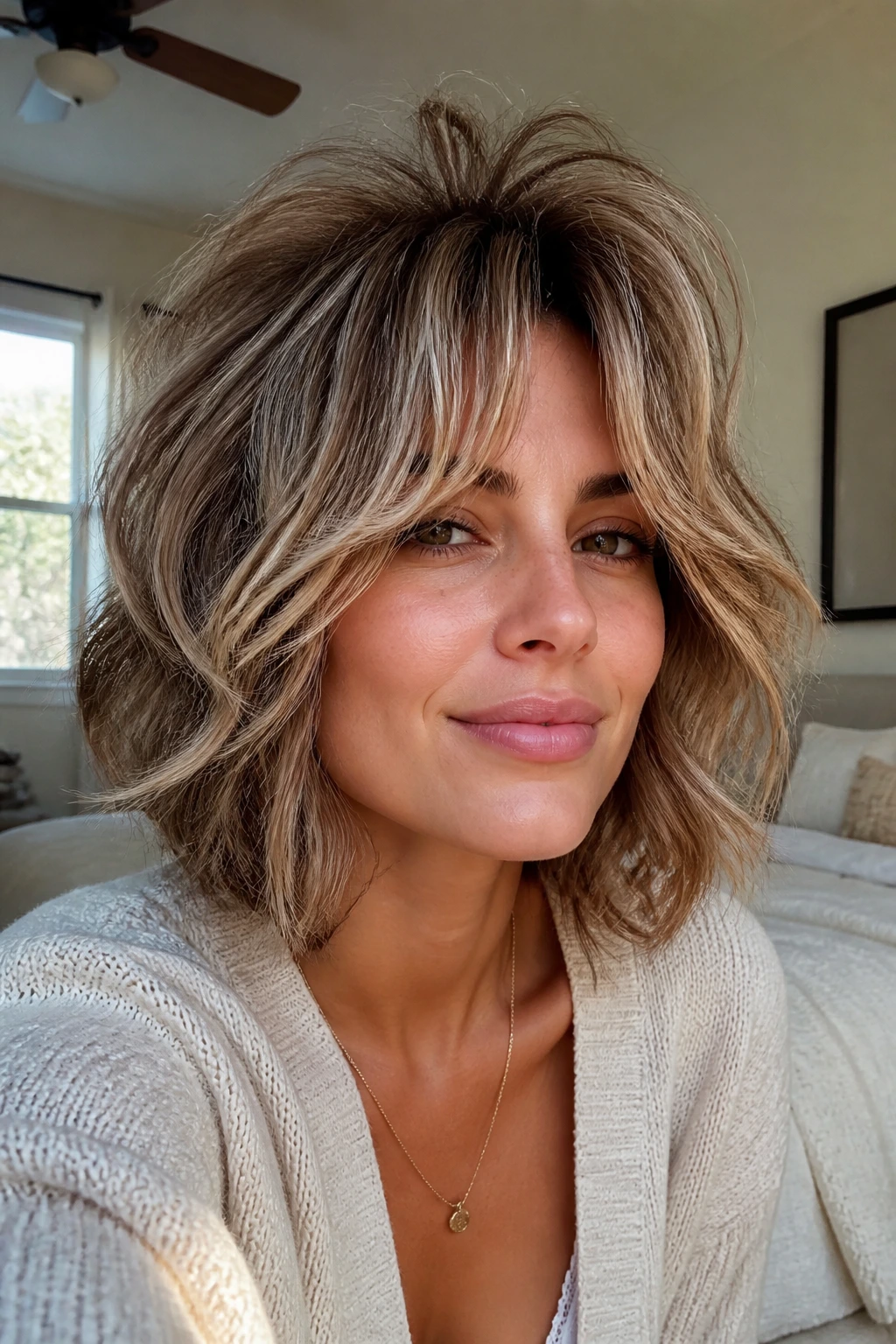 Close-up portrait of a real woman with volume-packed crown shag and soft curtain bangs under natural window light