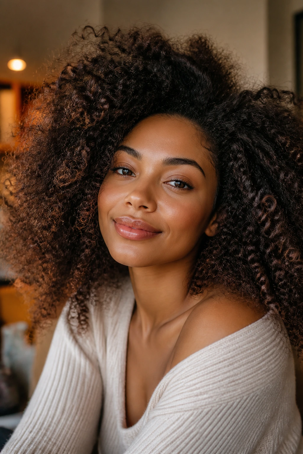 Real woman's voluminous curly hair with roots lifted for volume.