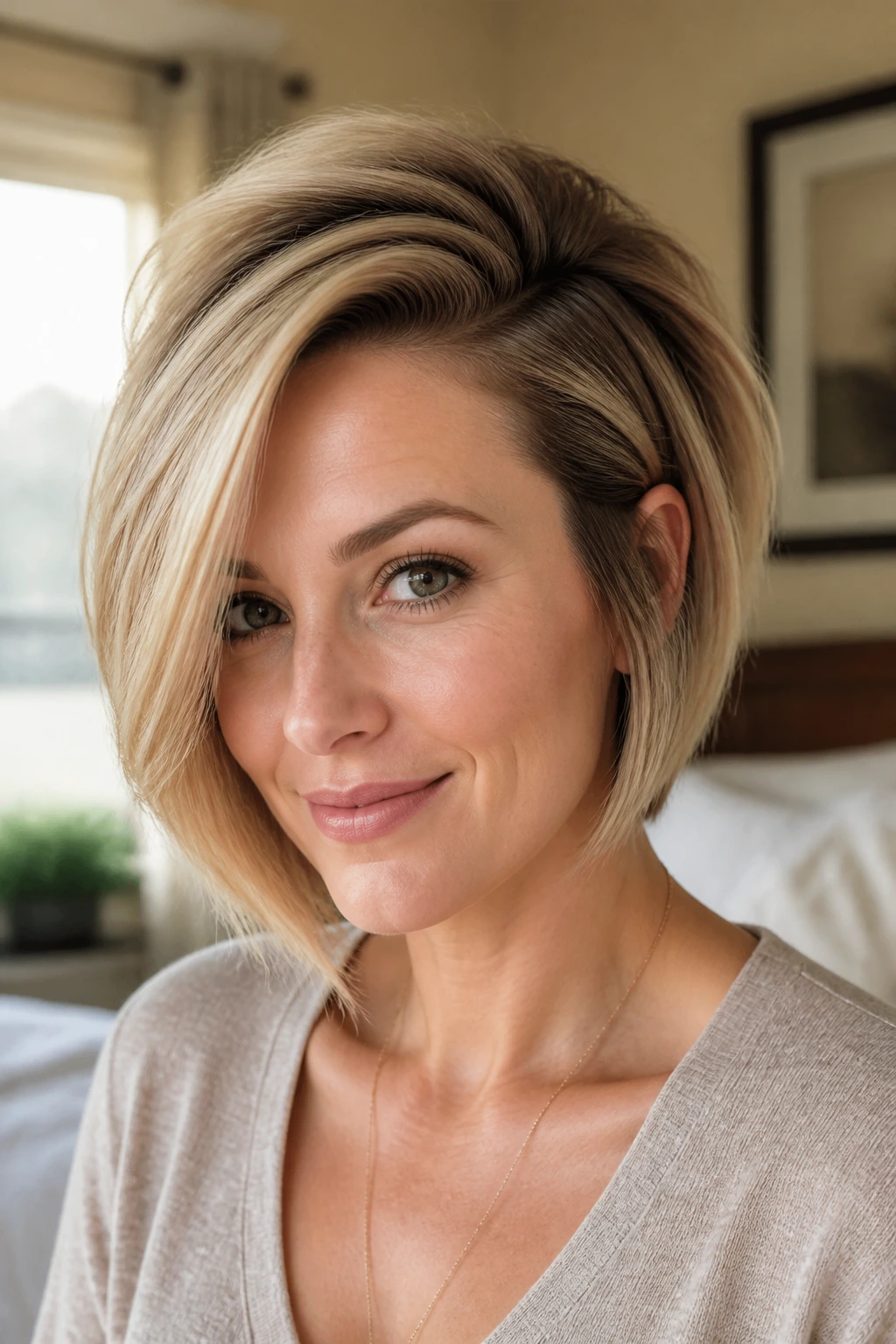 Portrait of a woman with a deep side part and voluminous crown