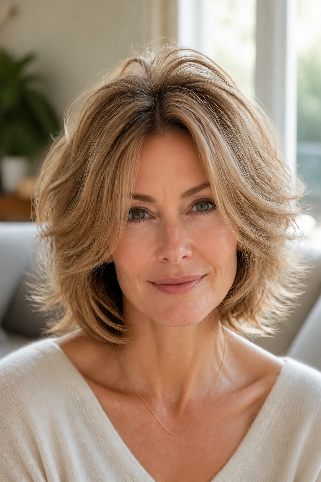 Close-up portrait of a real woman with a volume-boosted feathered bob under natural daylight