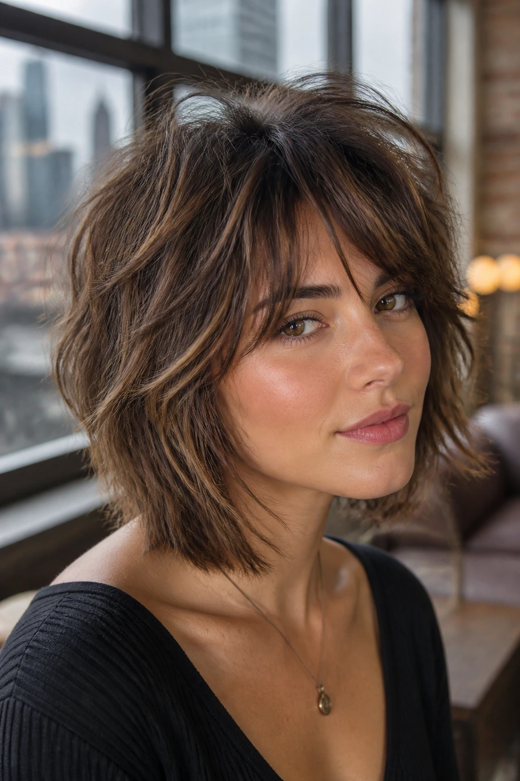 Close-up portrait of a real person with volume-focused shag showing mid-to-upper layers in warm loft light