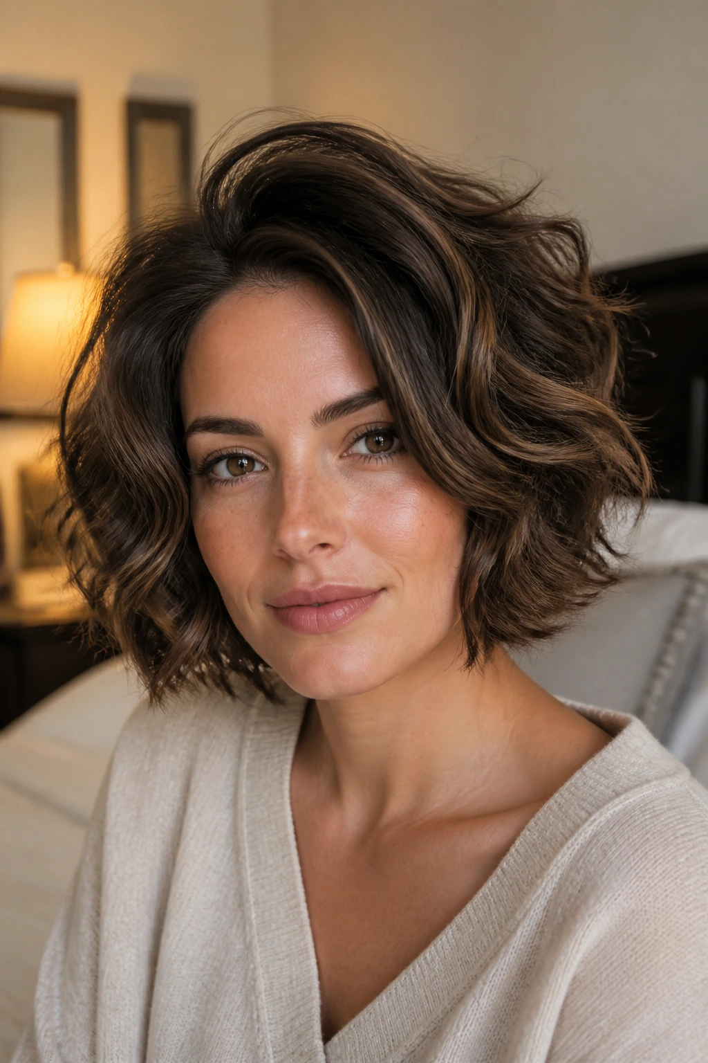 Close-up portrait of a real woman with a volume-heavy wavy bob
