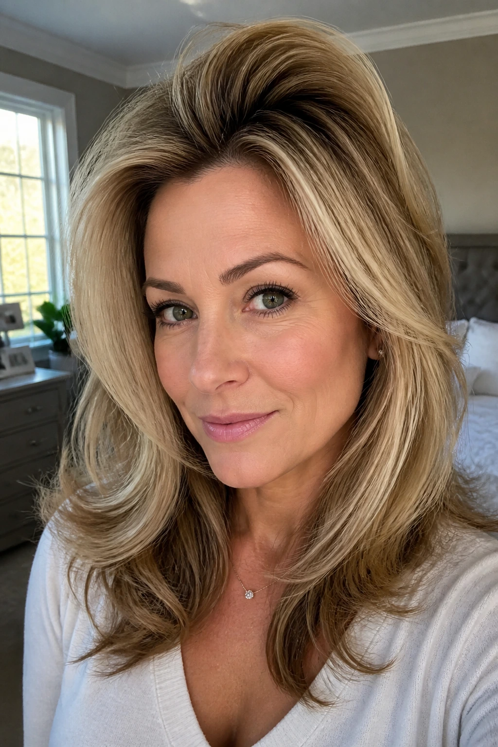 Close-up of a woman with a voluminous blowout in a bright dressing area