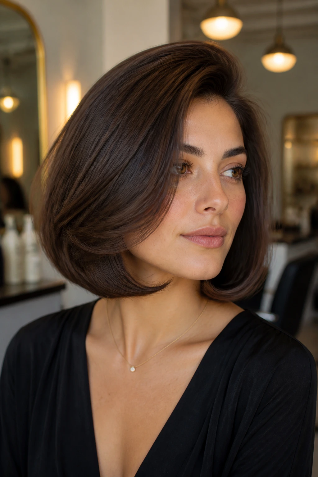 Close-up of a real woman with a voluminous C-curve bob