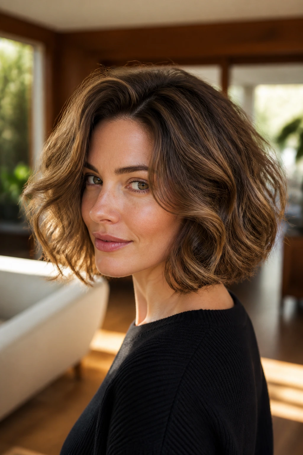 Portrait of a real woman with voluminous wavy bob showing lifted roots and texture.