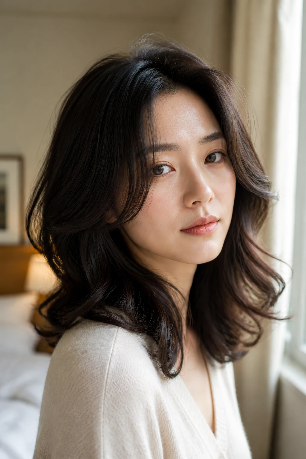 Close-up of real woman with crown lift and soft curls for volume-focused perm cut