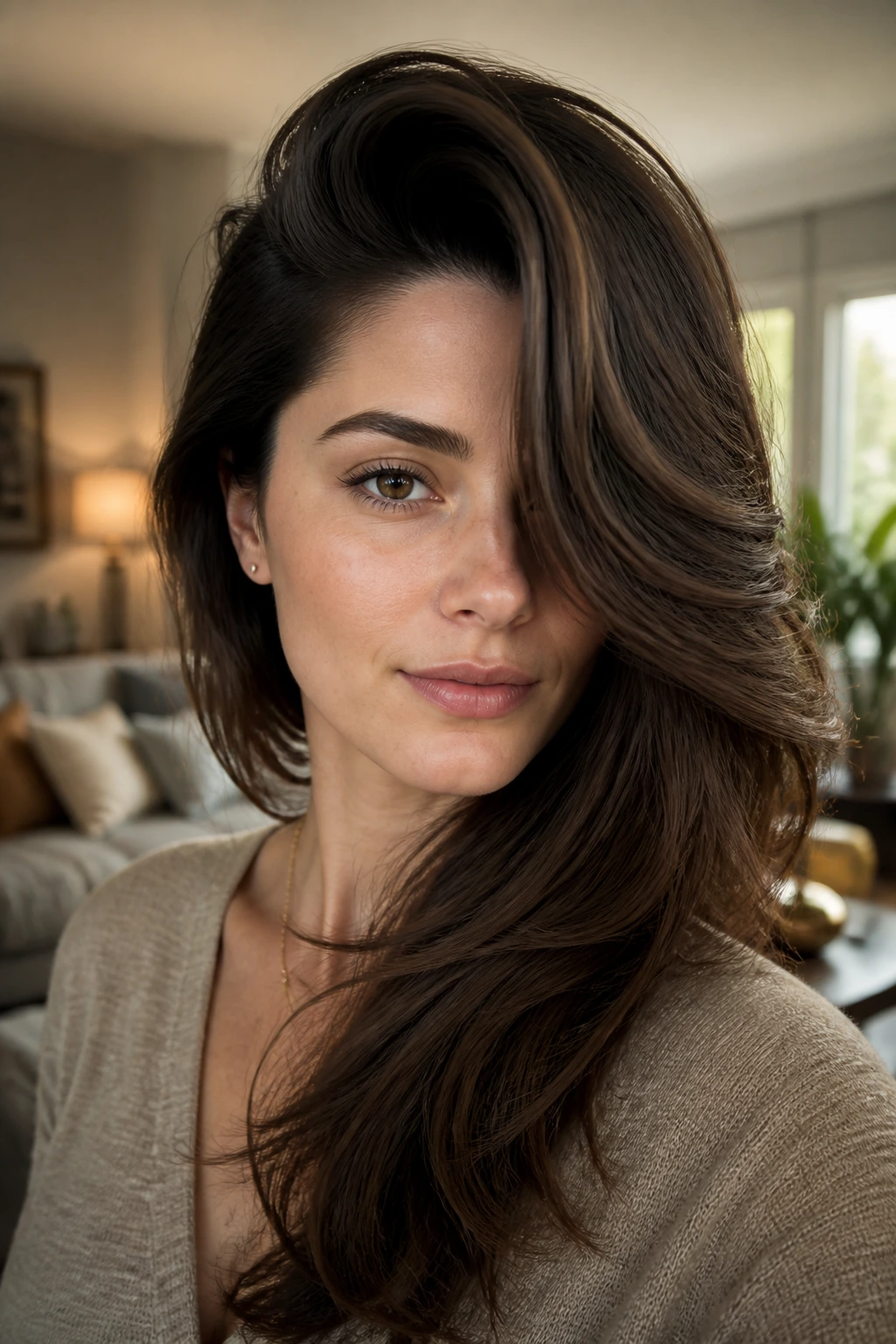 Close-up of a dramatic side-swept hairstyle on thick hair