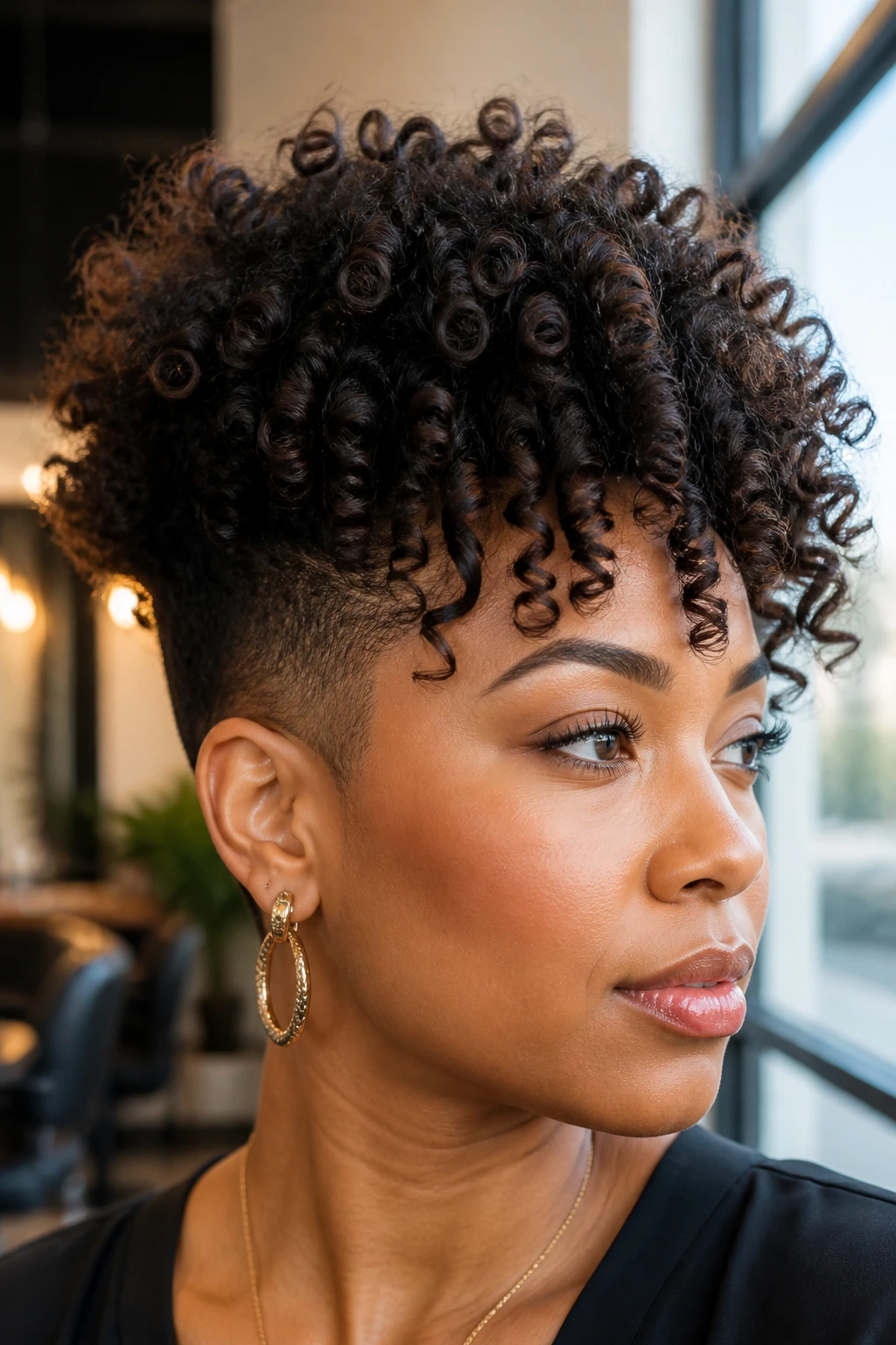 Close-up of a real woman with a voluminous crown and tapered sides showcasing the volume-packed tapered cut