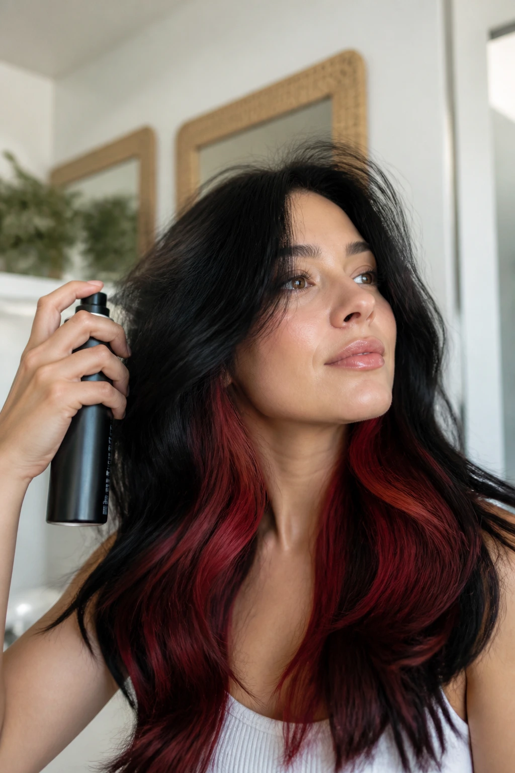 Close-up of real person with voluminous red-black hair after texture spray.