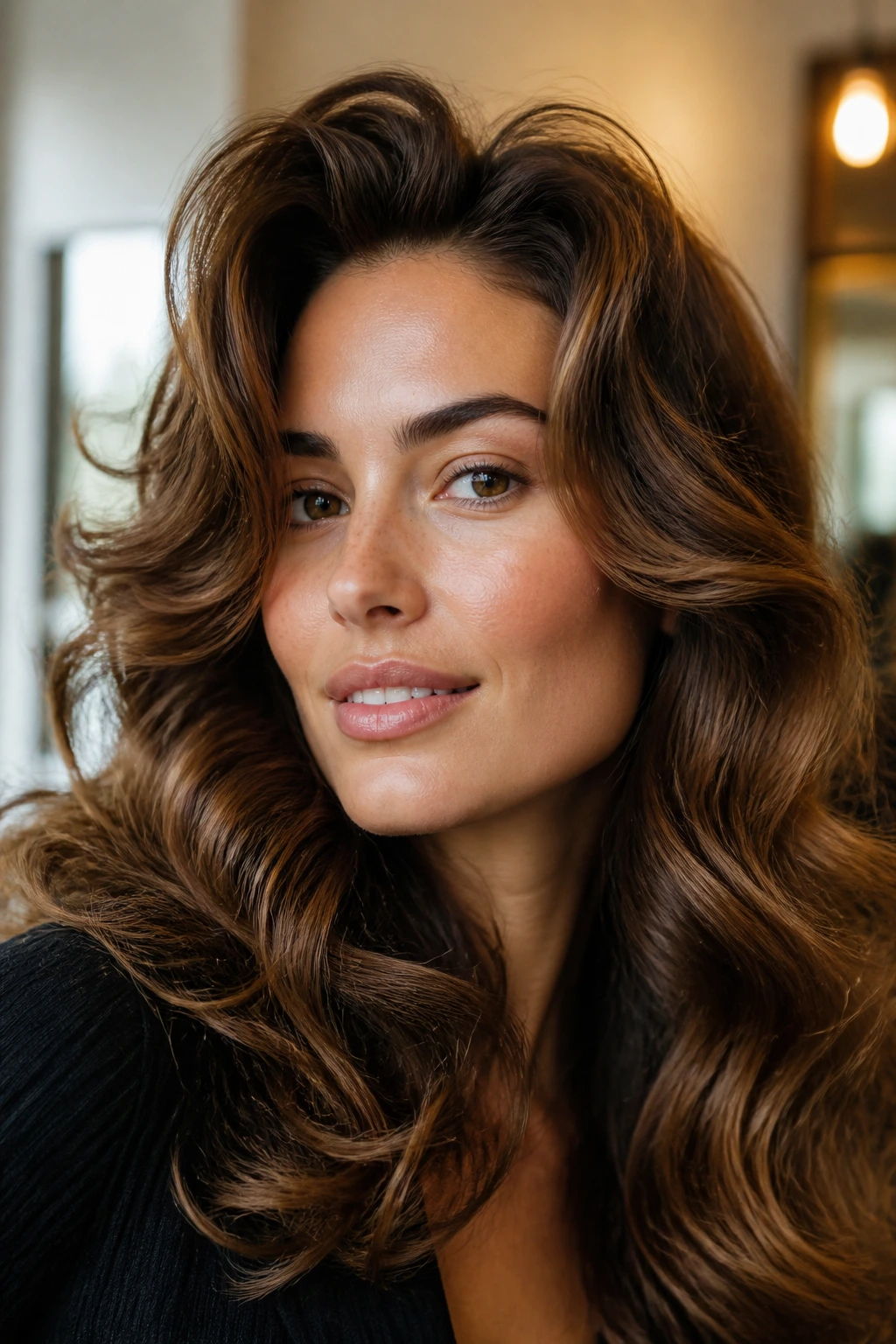 Close-up of a woman with voluminous blowout waves framing the eyes.