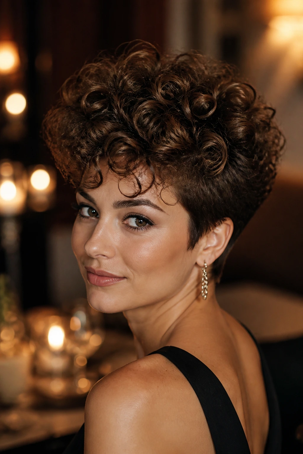 Close-up of a real woman with Volumetric Curly Crown Wedge