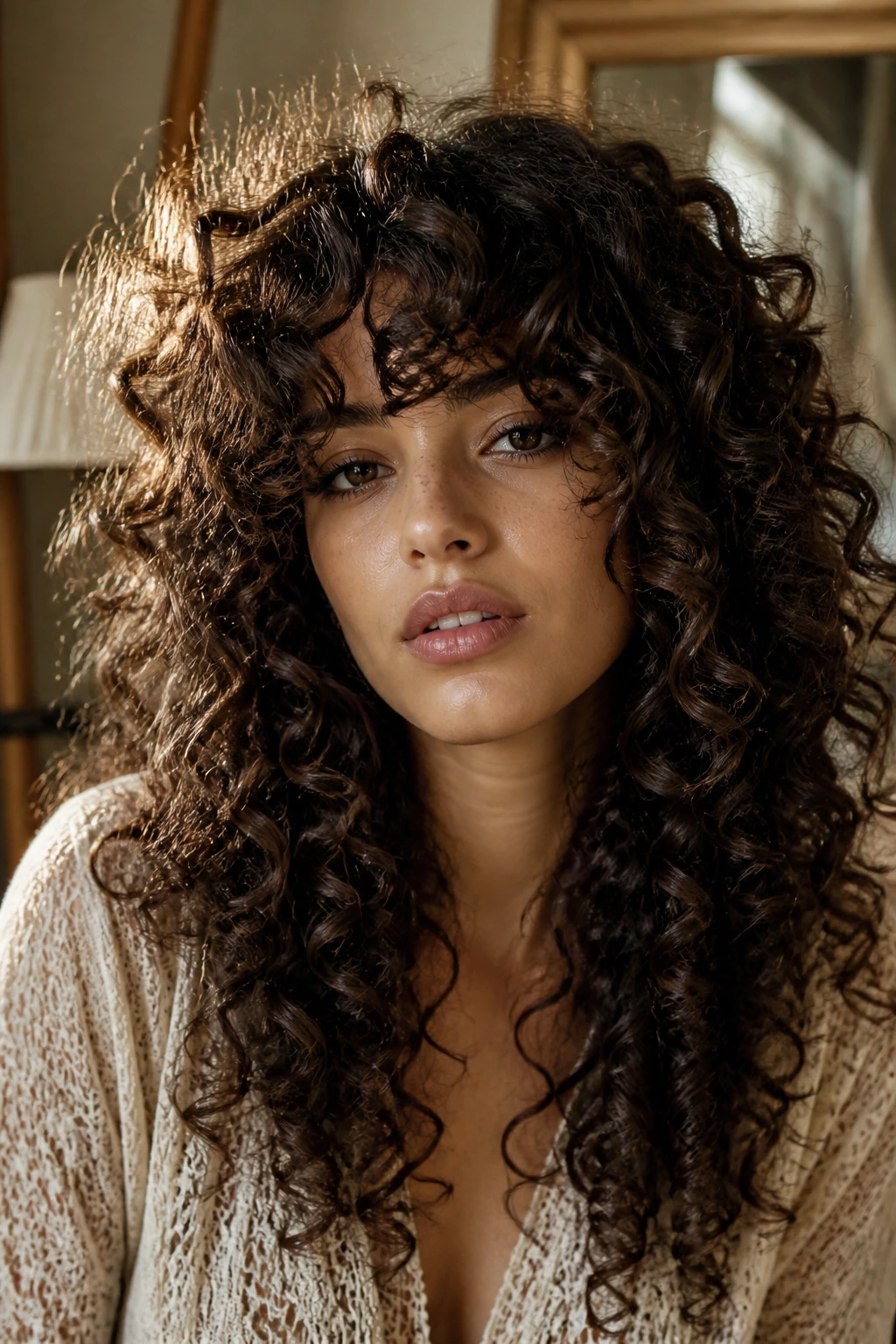 Portrait of a woman with voluminous 70s-style curly fringe in a retro setting.