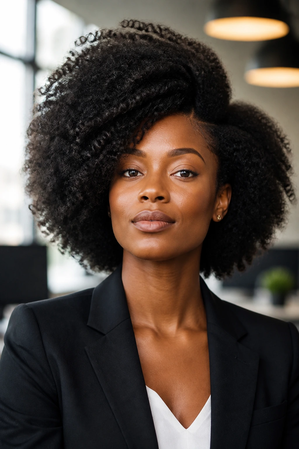 Close-up of a real woman with a voluminous side-parted afro in an office