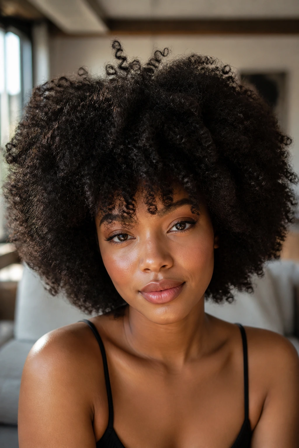 Close-up portrait of a real person with a voluminous afro filling the frame