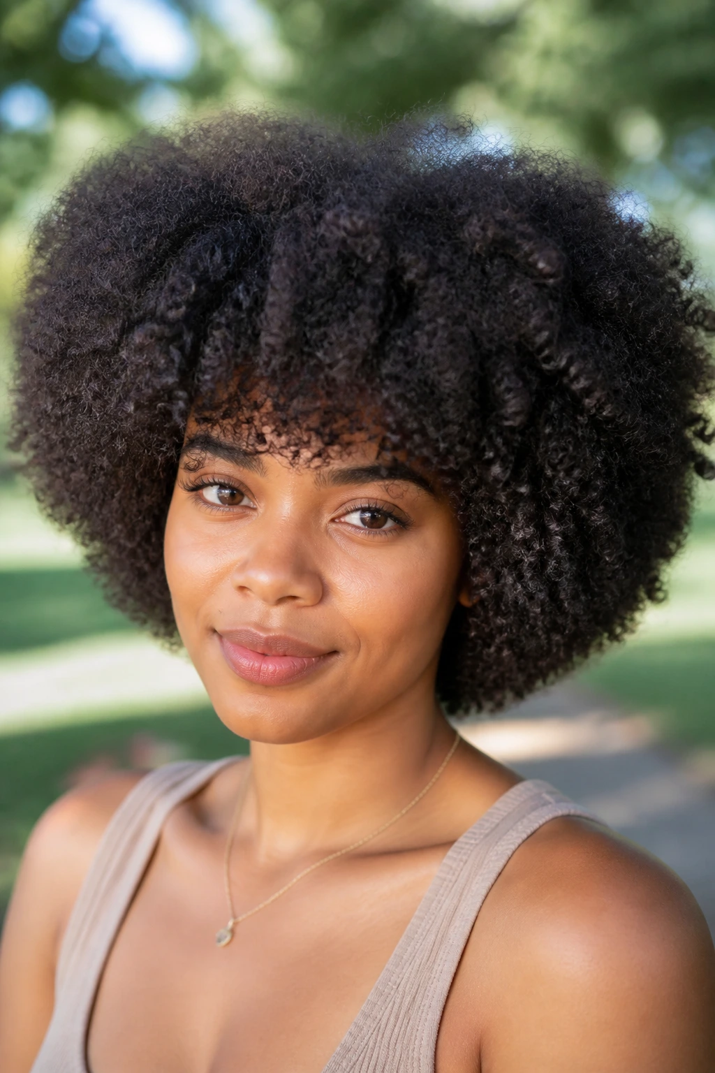 Close-up of a real person with voluminous Afro fringe in natural sunlight