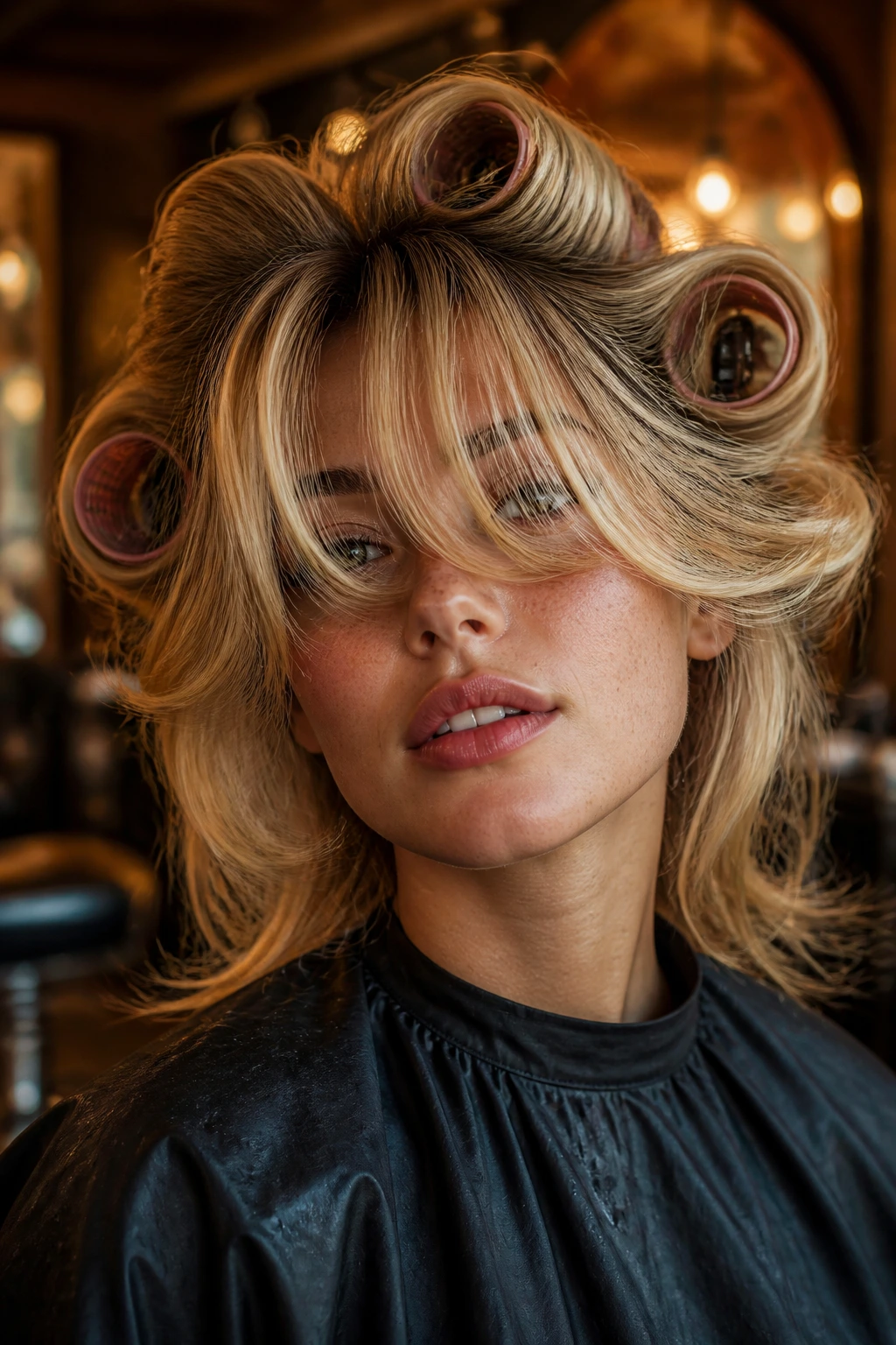 Close-up portrait of a woman with voluminous retro blowout bangs in a warm retro salon