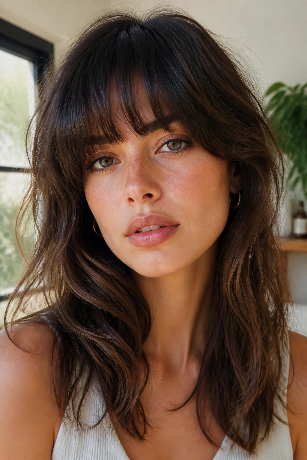 Close-up of a real woman with voluminous tousled French girl bangs.