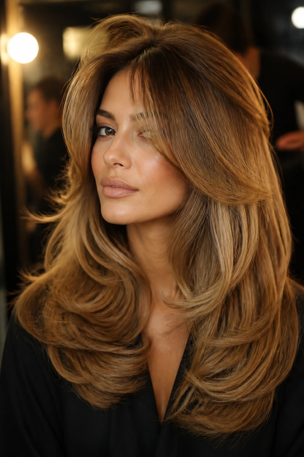 Close-up of a real woman with voluminous blowout butterfly cut in a backstage salon
