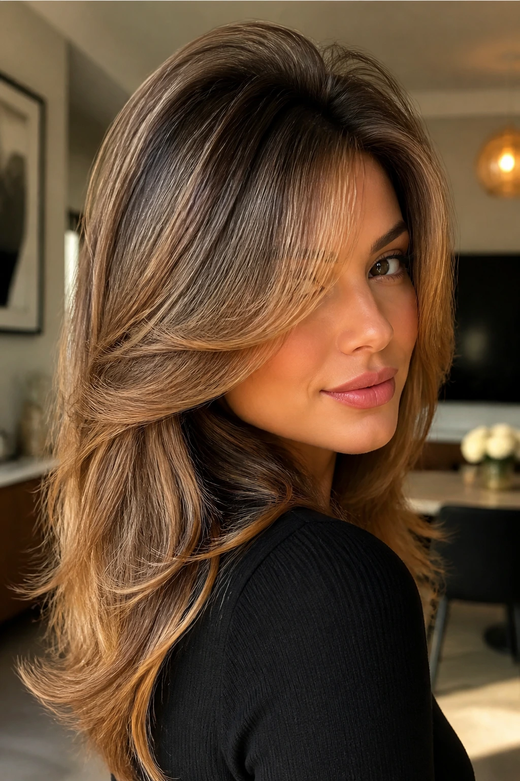 Close-up portrait of a real woman with Voluminous Blowout Sweeping Fringe showing lifted roots