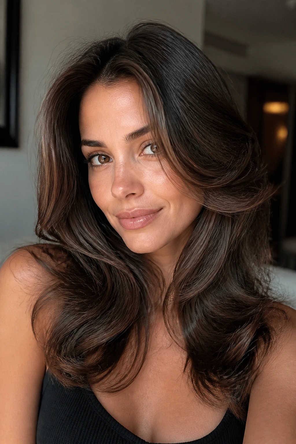 Close-up of a woman with a voluminous blowout hairstyle