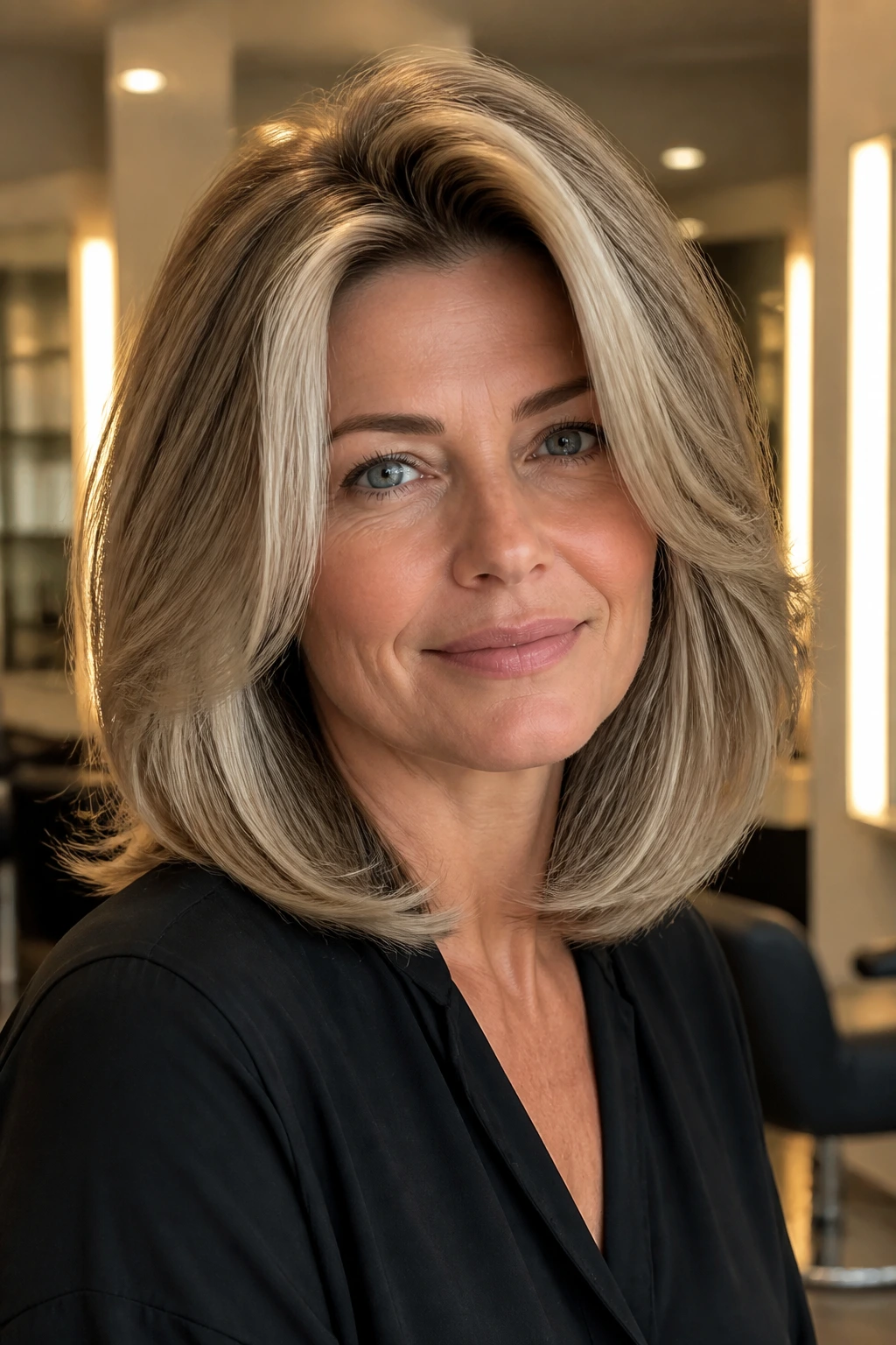 Real person with voluminous blowout lob under warm salon lighting