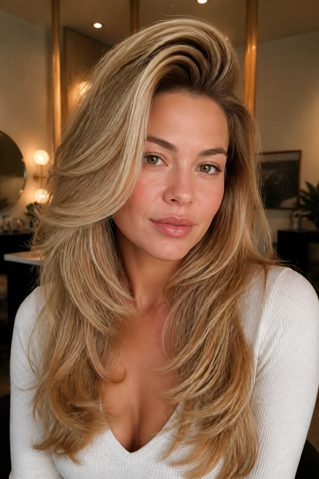 Close-up portrait of a real person with a voluminous 90s blowout crown