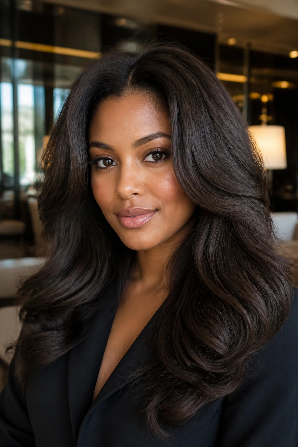 Close-up of a real woman with voluminous blowout wefts in a stylish setting
