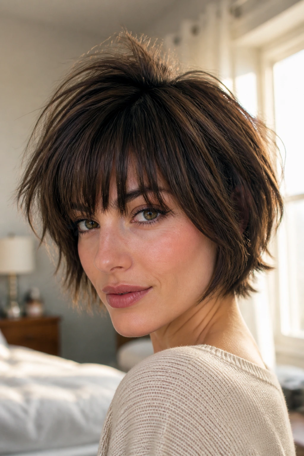 Close-up of real person with voluminous choppy fringe and textured layered bob in warm window light