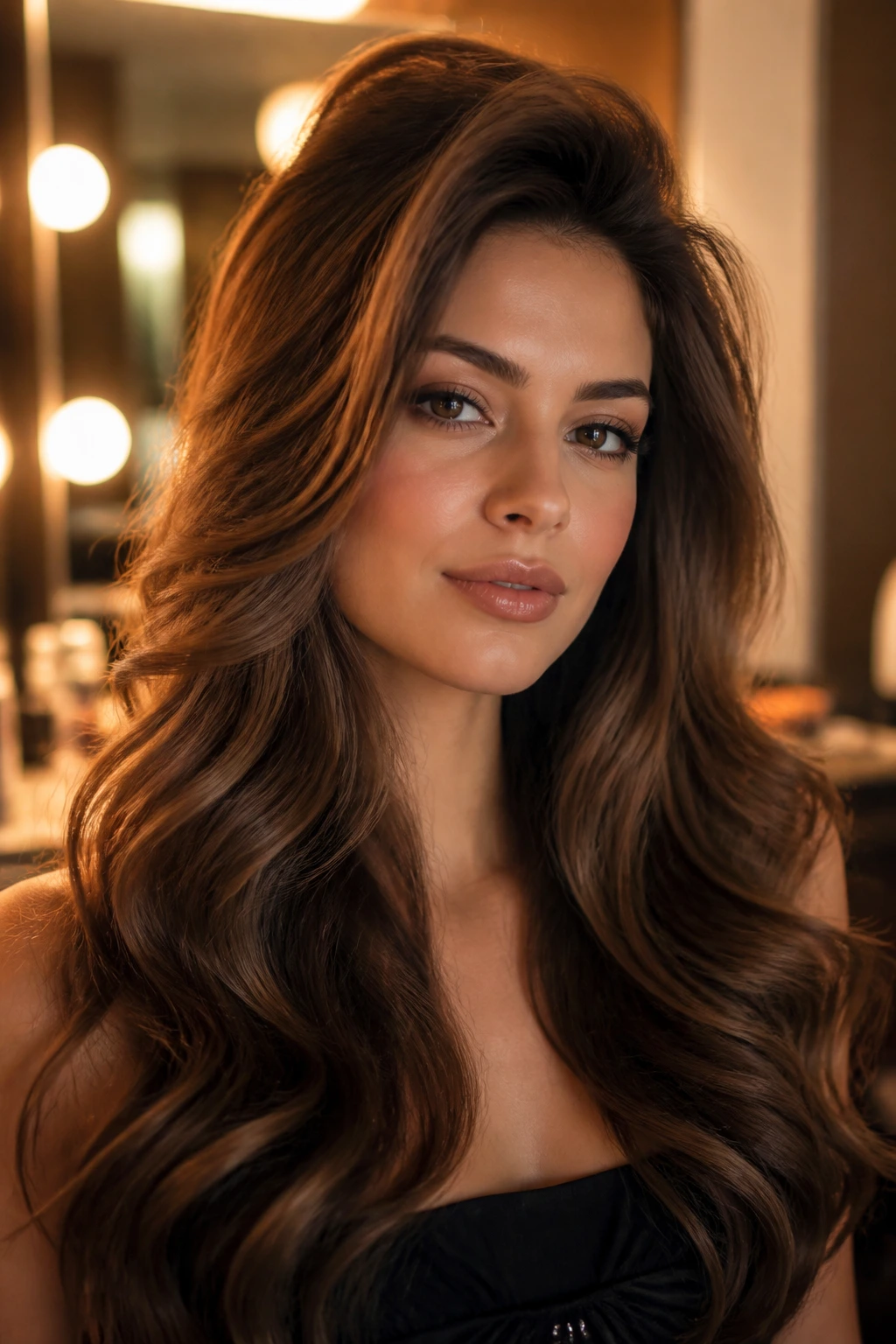 Close-up of a real woman with voluminous crown blowout and soft waves