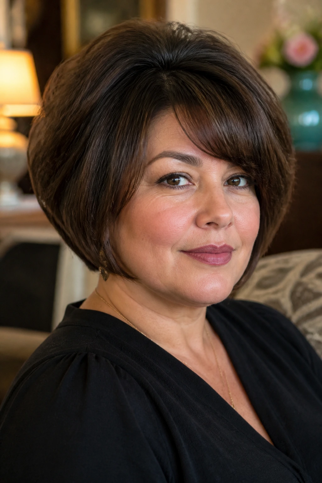 Close-up portrait of a real woman with a voluminous crown bob