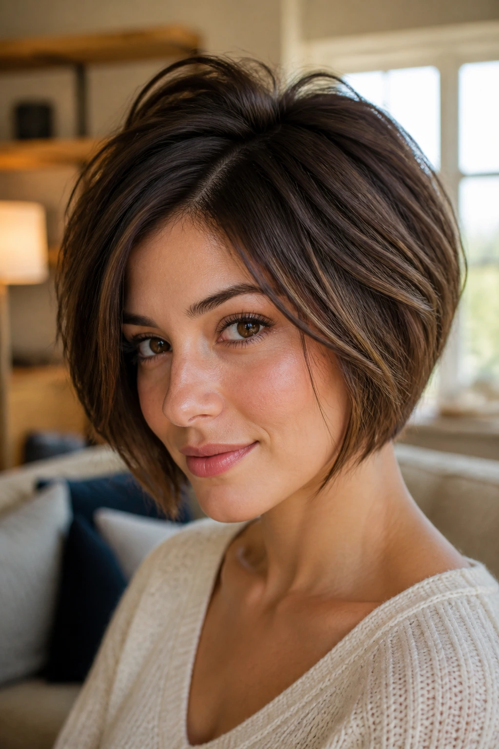 Close-up portrait of a real woman with voluminous crown bob in a cozy room.
