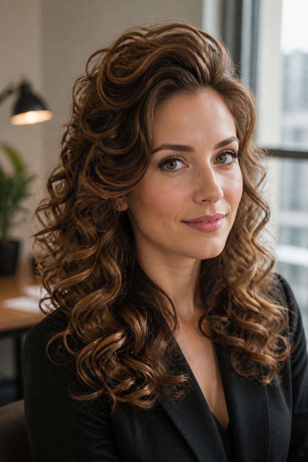 Close-up of a real woman with voluminous crown curls in a sunlit office setting.