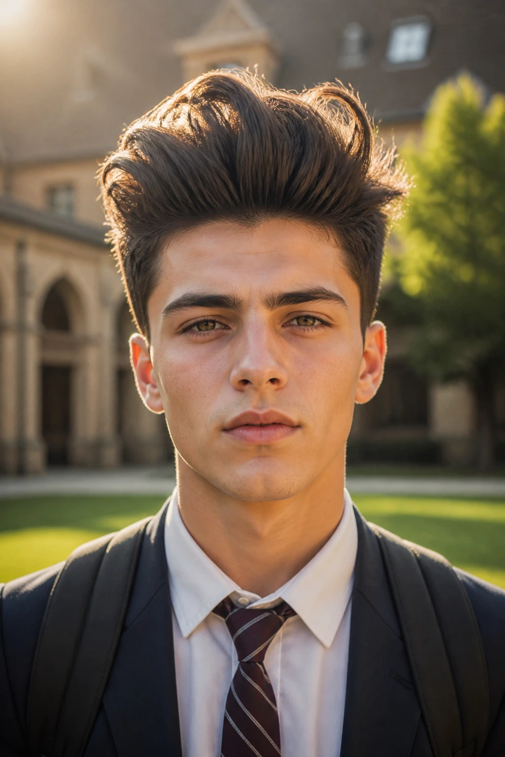 Close-up portrait of a real person with a voluminous crown quiff outdoors in natural light