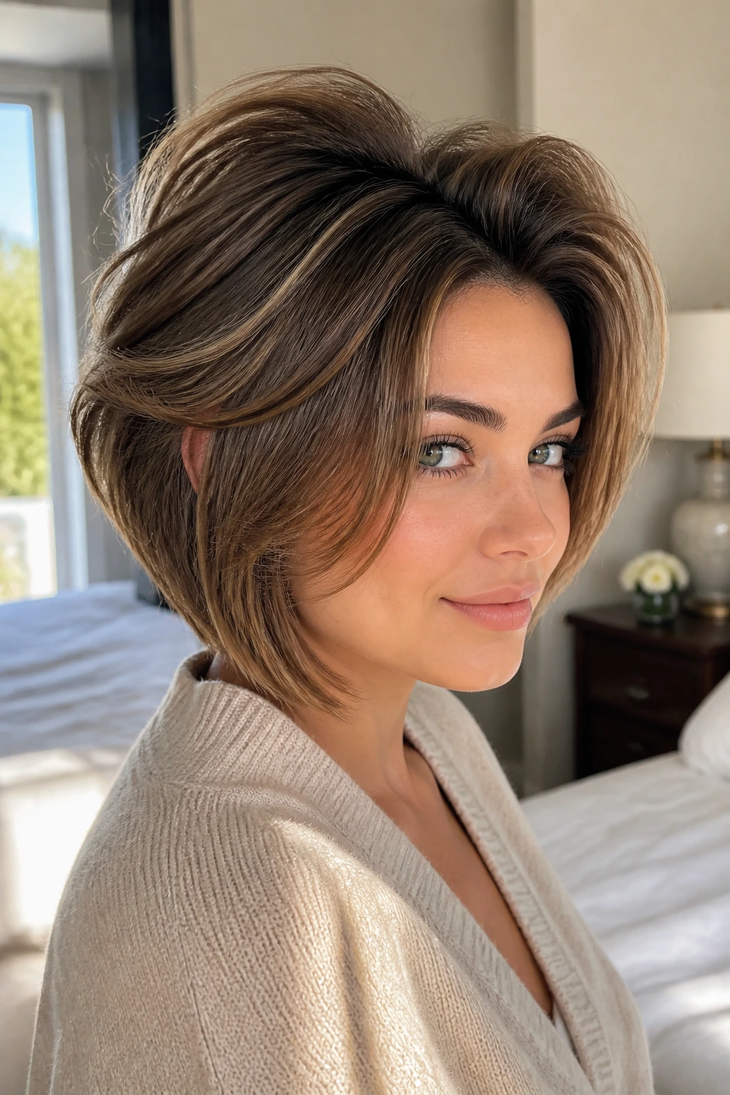 Close-up of a real woman with a voluminous crown in thick hair