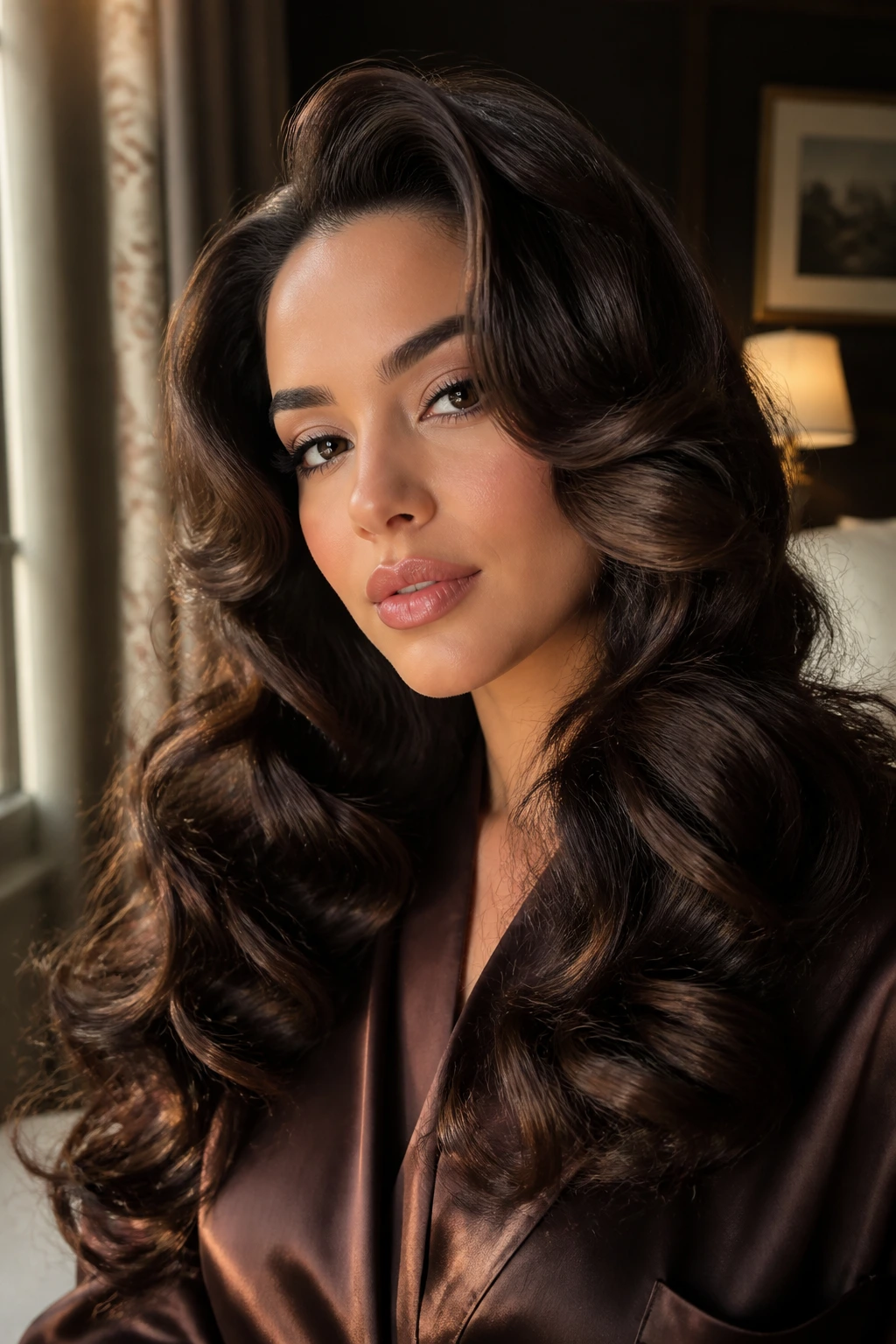Close-up portrait of a real woman with voluminous retro curls in deep chocolate hair, warm window light