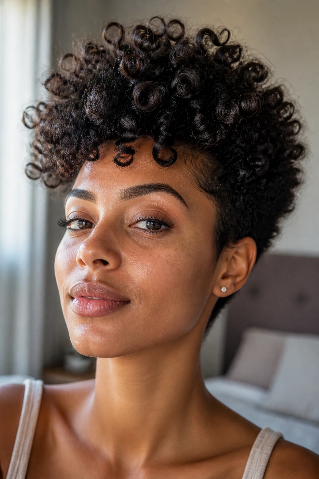 Close-up of a real person with 3B curls lifted at the crown for volume in soft bedroom light