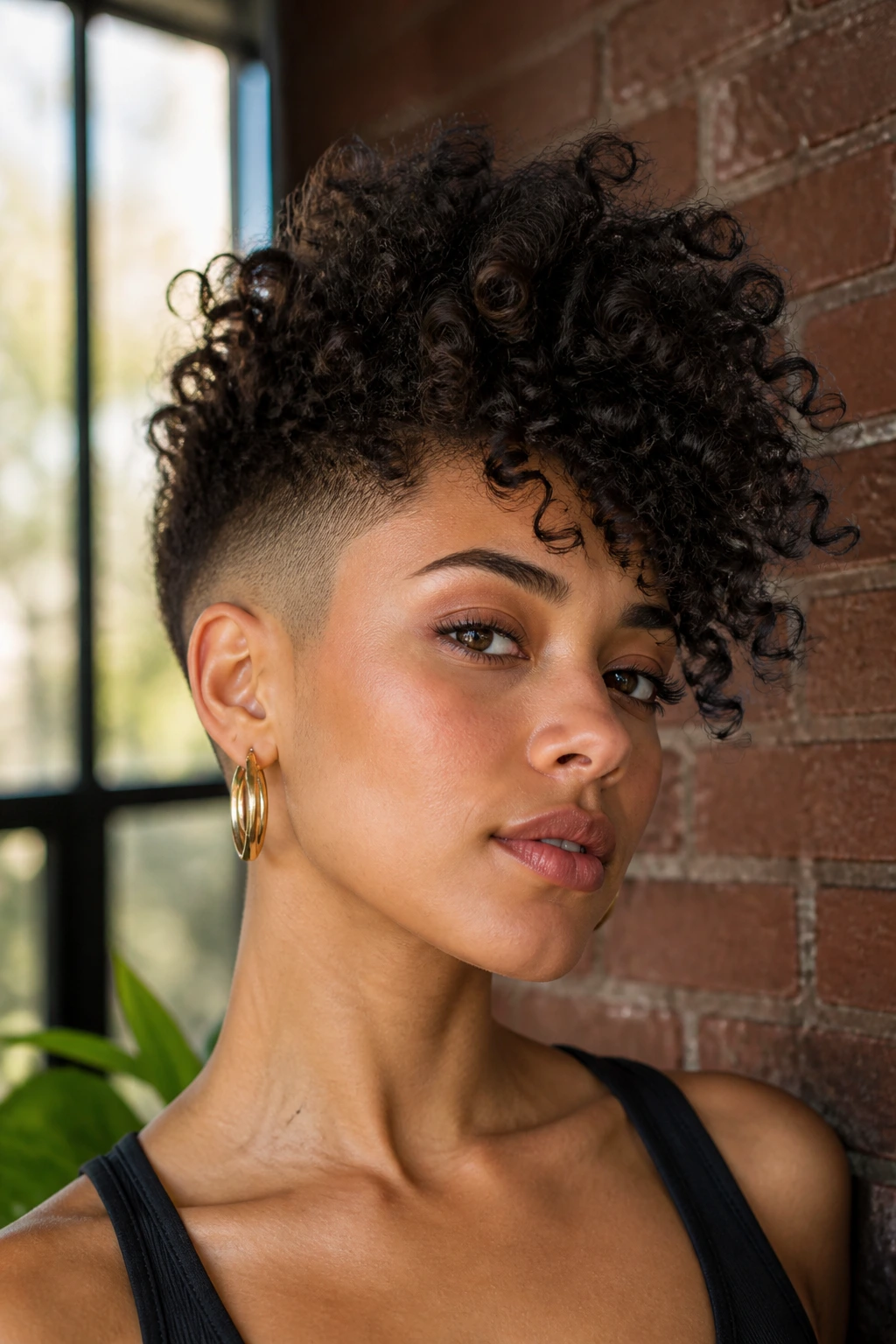 Close-up of a real woman with voluminous curls and faded sides