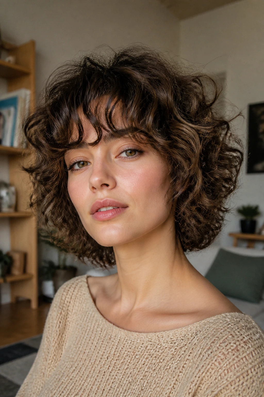 Portrait of a woman with voluminous curls and a messy fringe.