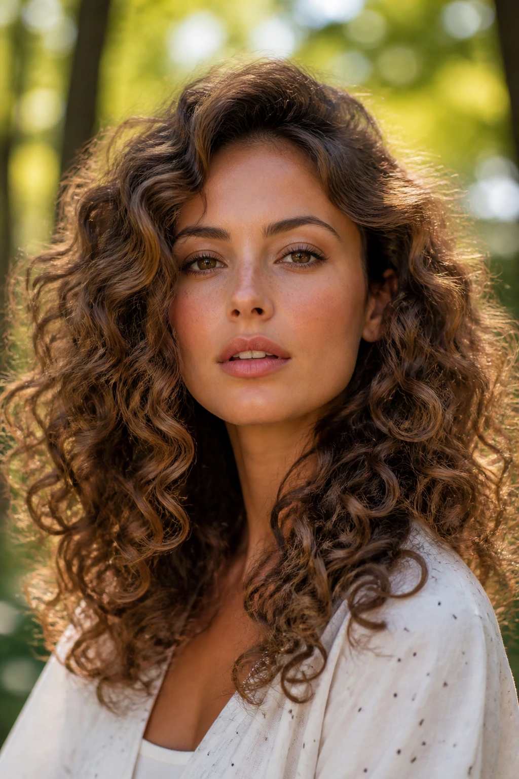 Close-up of a woman with large voluminous curls outdoors in golden hour light