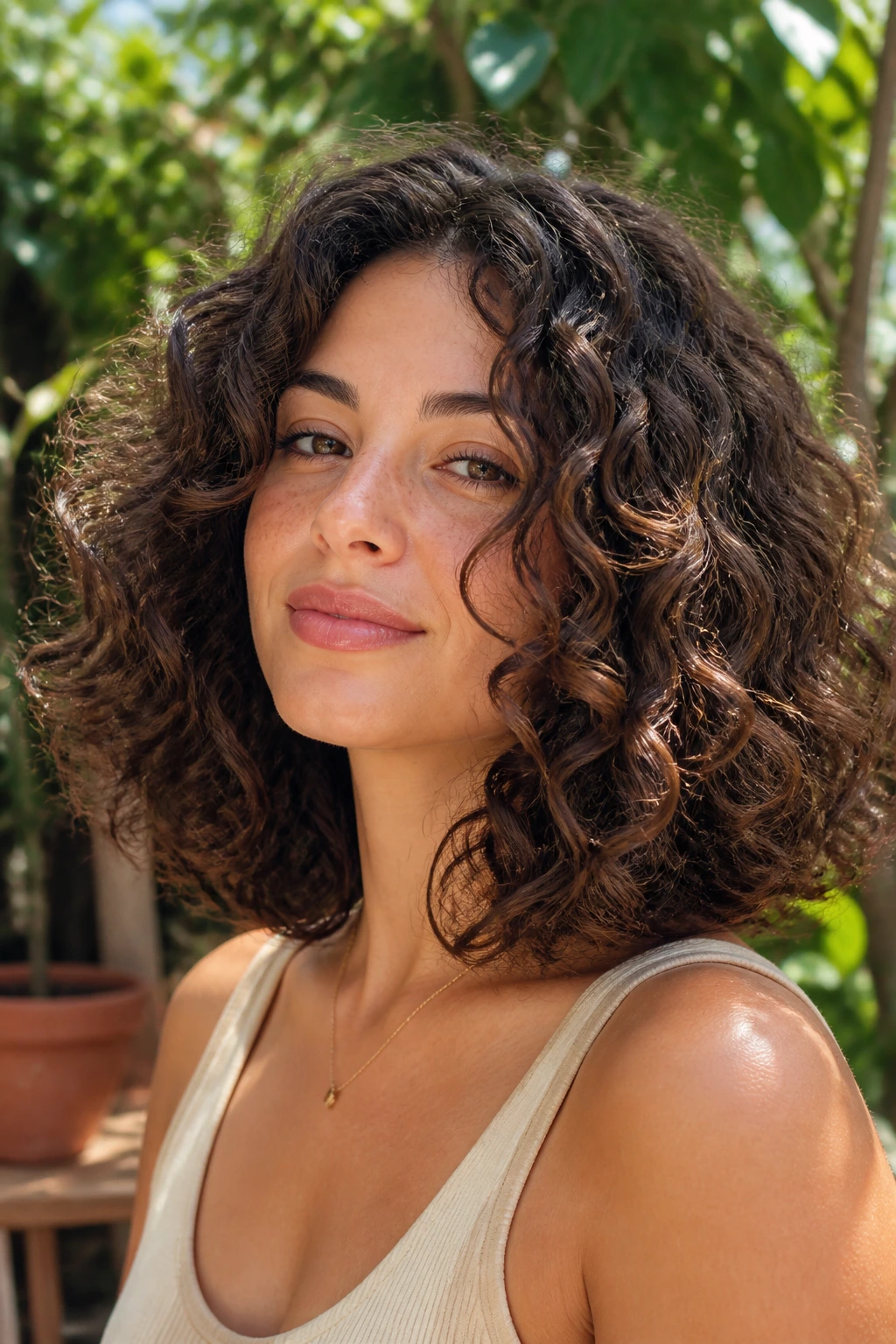 Close-up of voluminous curls with a lob on a real woman outdoors
