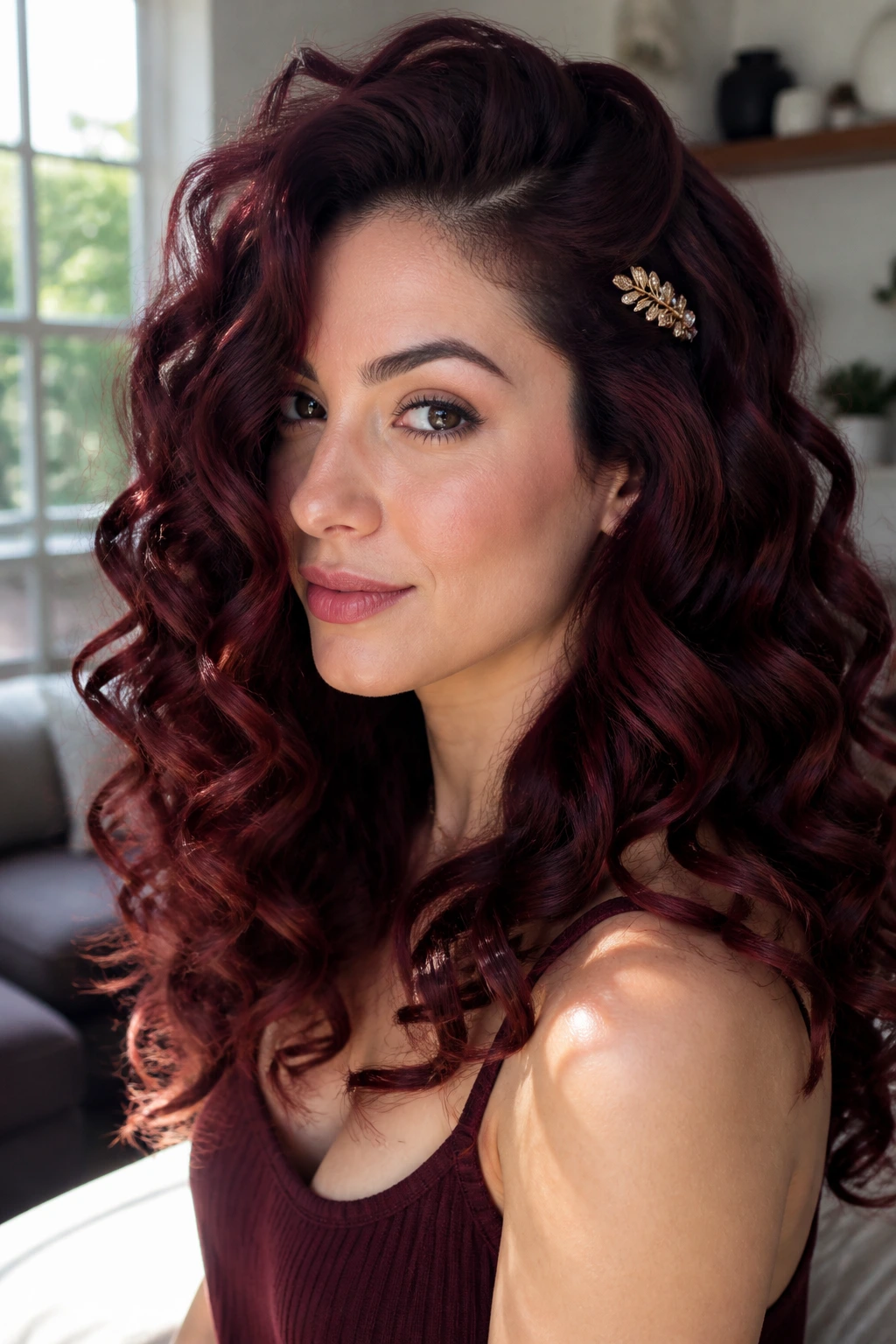 Close-up portrait of a real woman with voluminous maroon curls and a side barrette