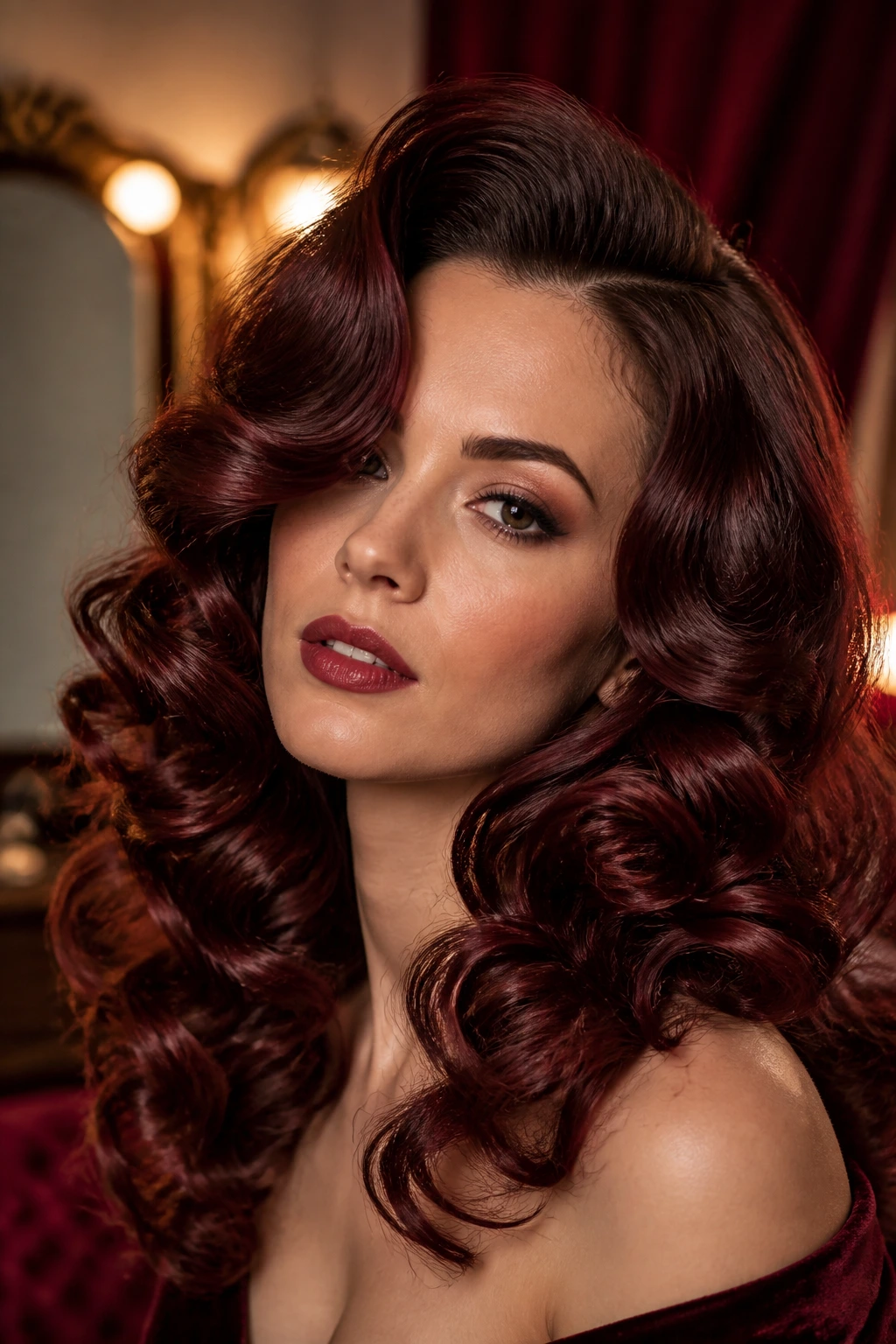 Close-up portrait of real woman with voluminous maroon curls in a glamorous dressing room.