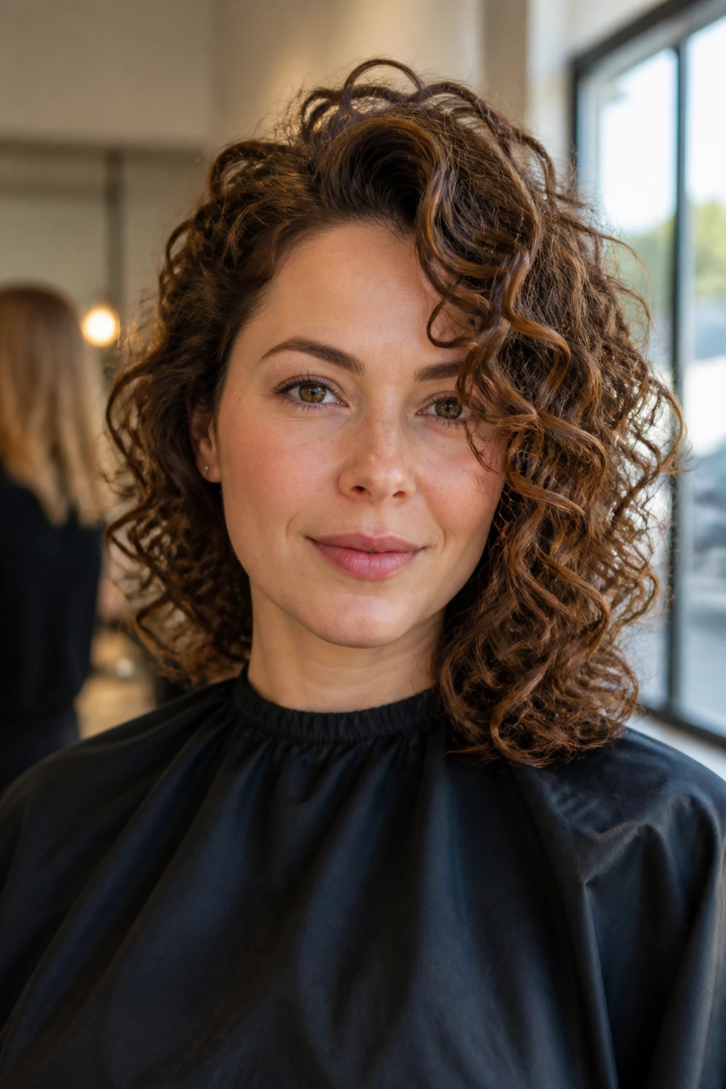 Close-up portrait of a real woman with voluminous side-swept curls in a salon setting