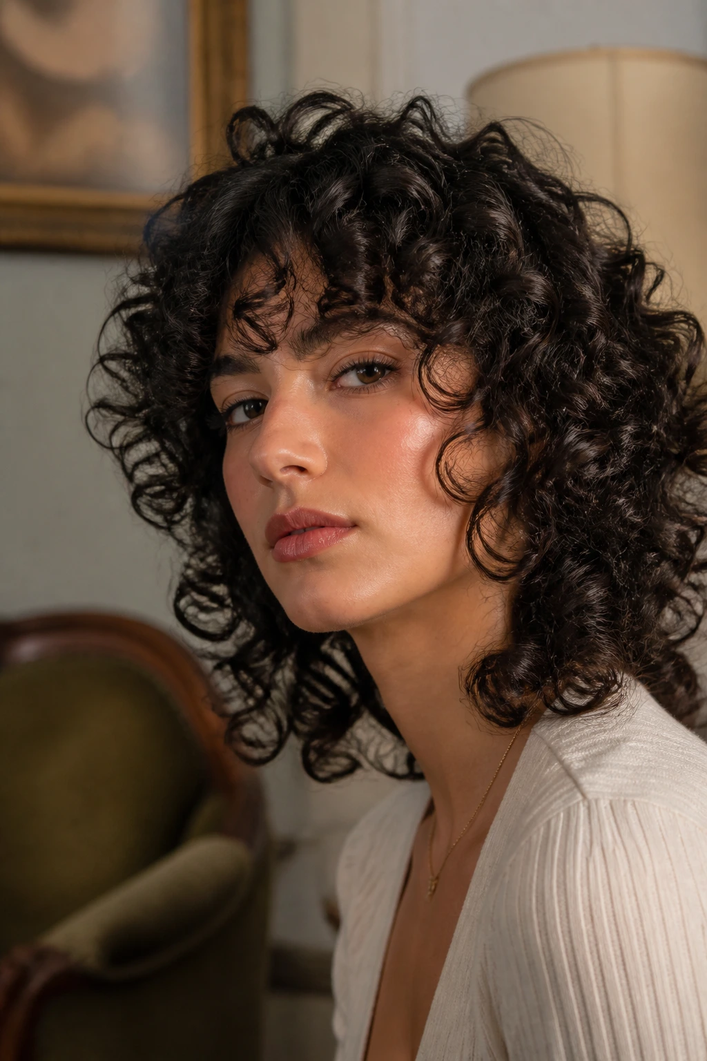 Close-up portrait of a person with voluminous layered curls and temple wings framing the face