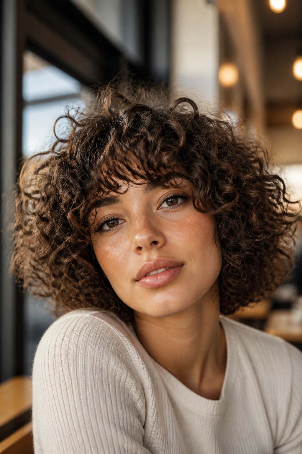 Close-up of voluminous curly bob with bangs.