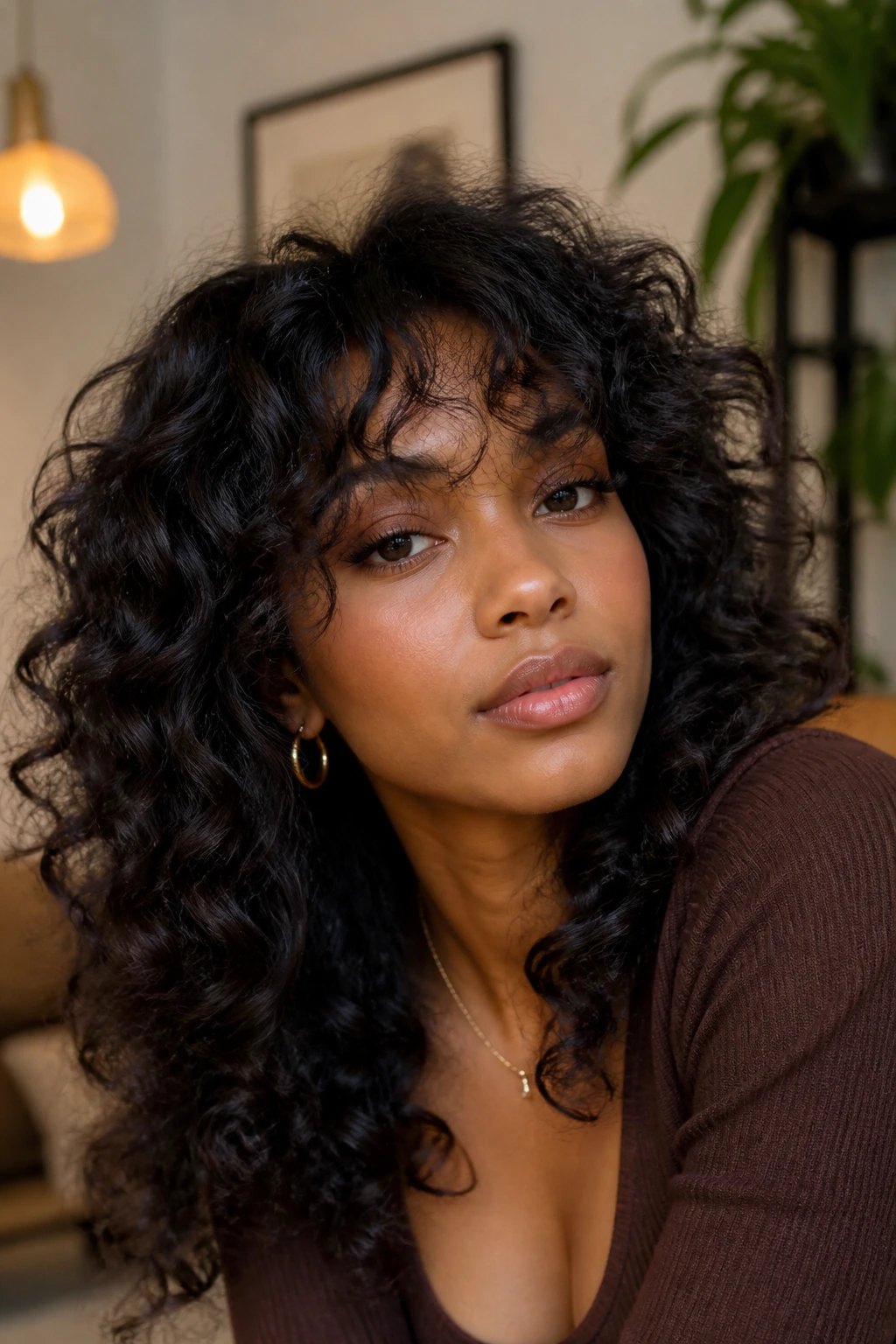 Close-up of a real woman with voluminous curly shag and bottleneck bangs in a cozy living room