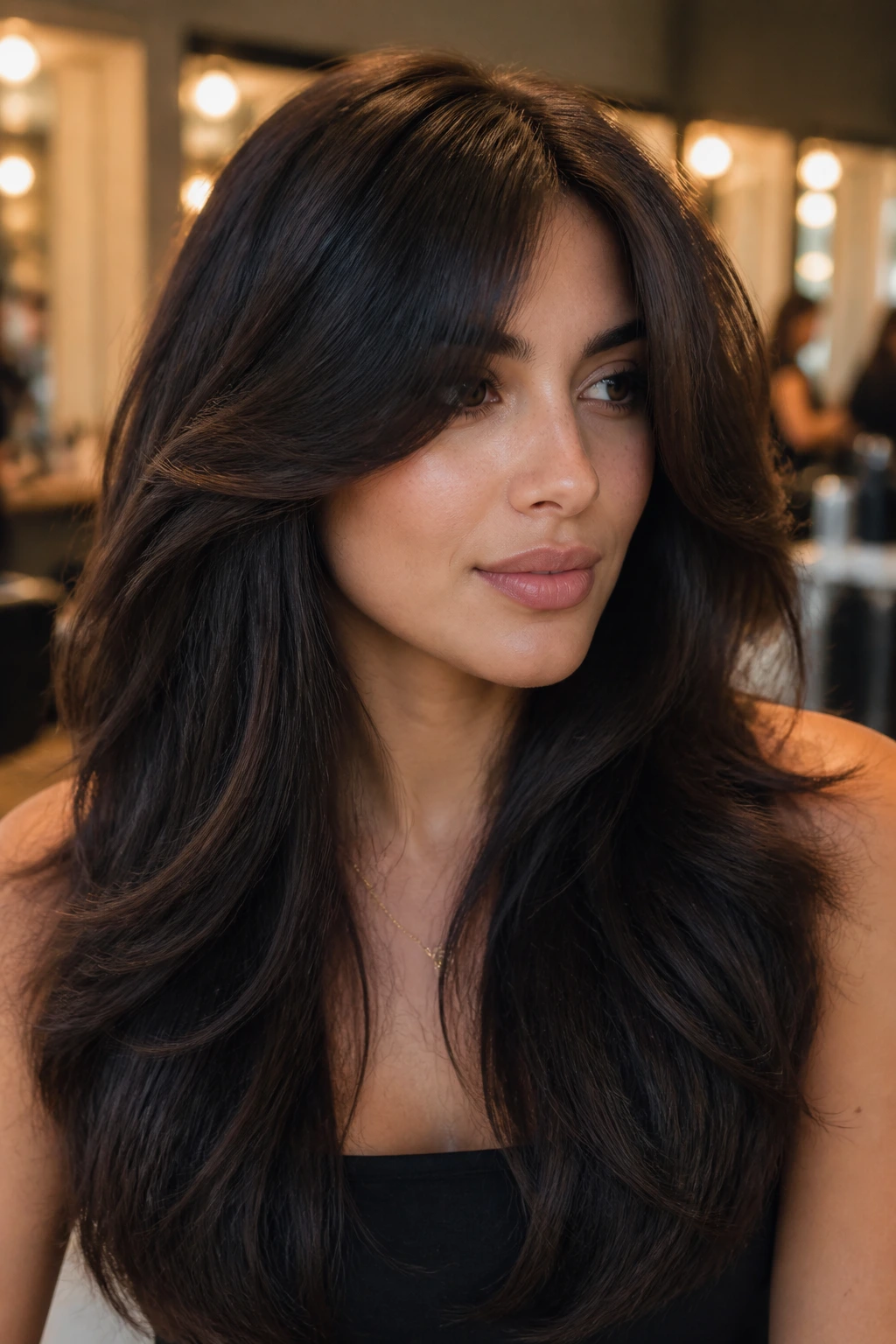 Close-up of a woman with voluminous curtain bangs blown out for volume, salon setting.