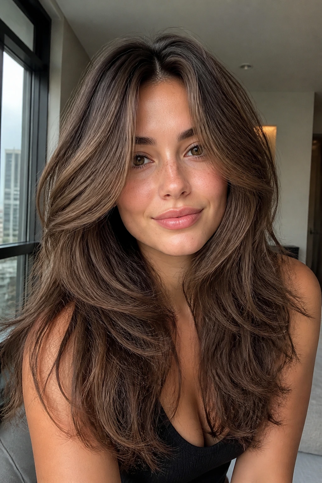Close-up of a real woman with voluminous layered hair and center part