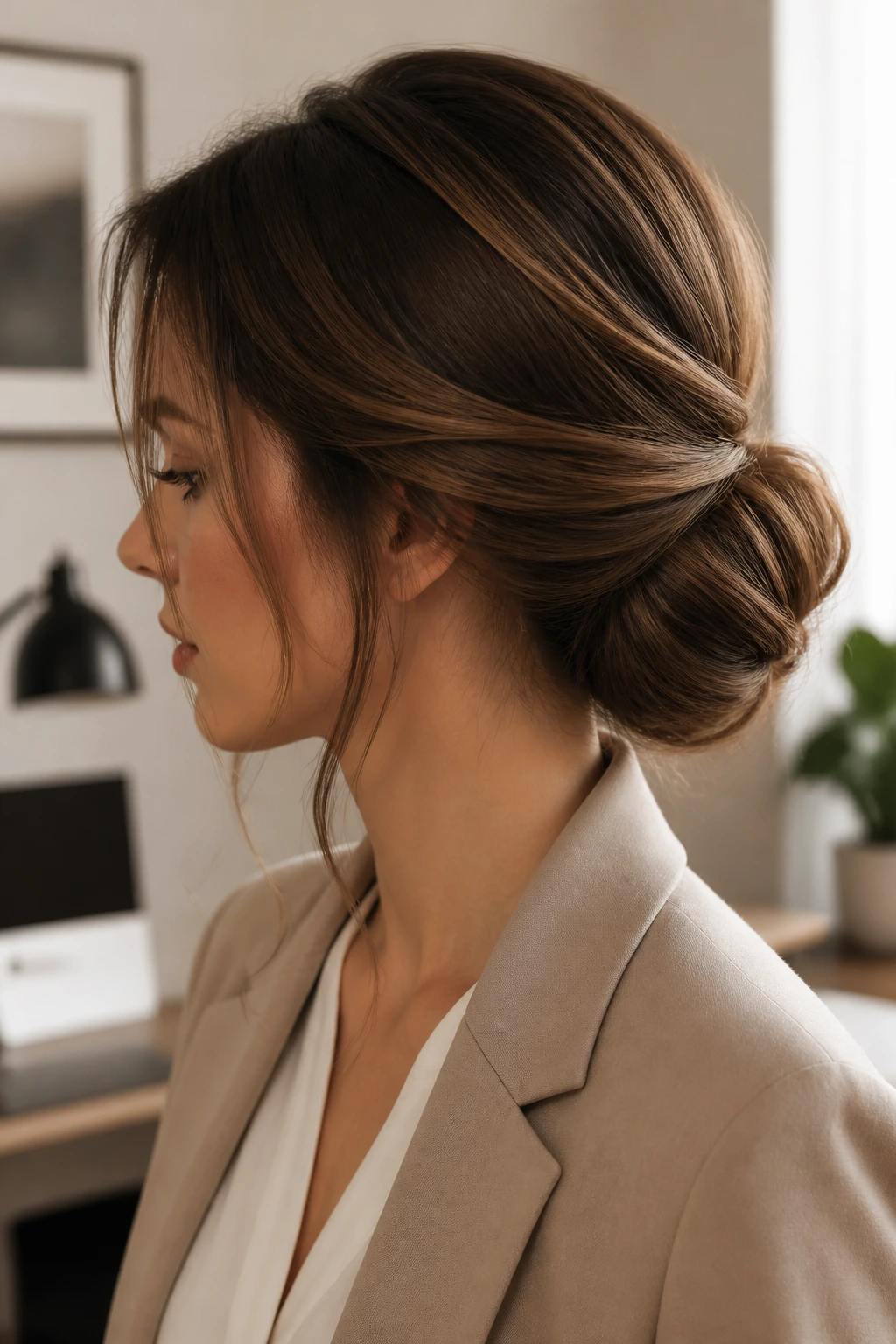 Close-up of a woman with a voluminous low chignon and loose face-framing pieces