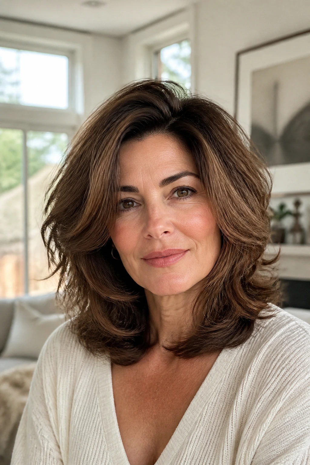 Close-up of a real woman with voluminous midi cut and rounded layers